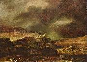 Rembrandt, Stadt auf einem Hugel bei sturmischem Wetter